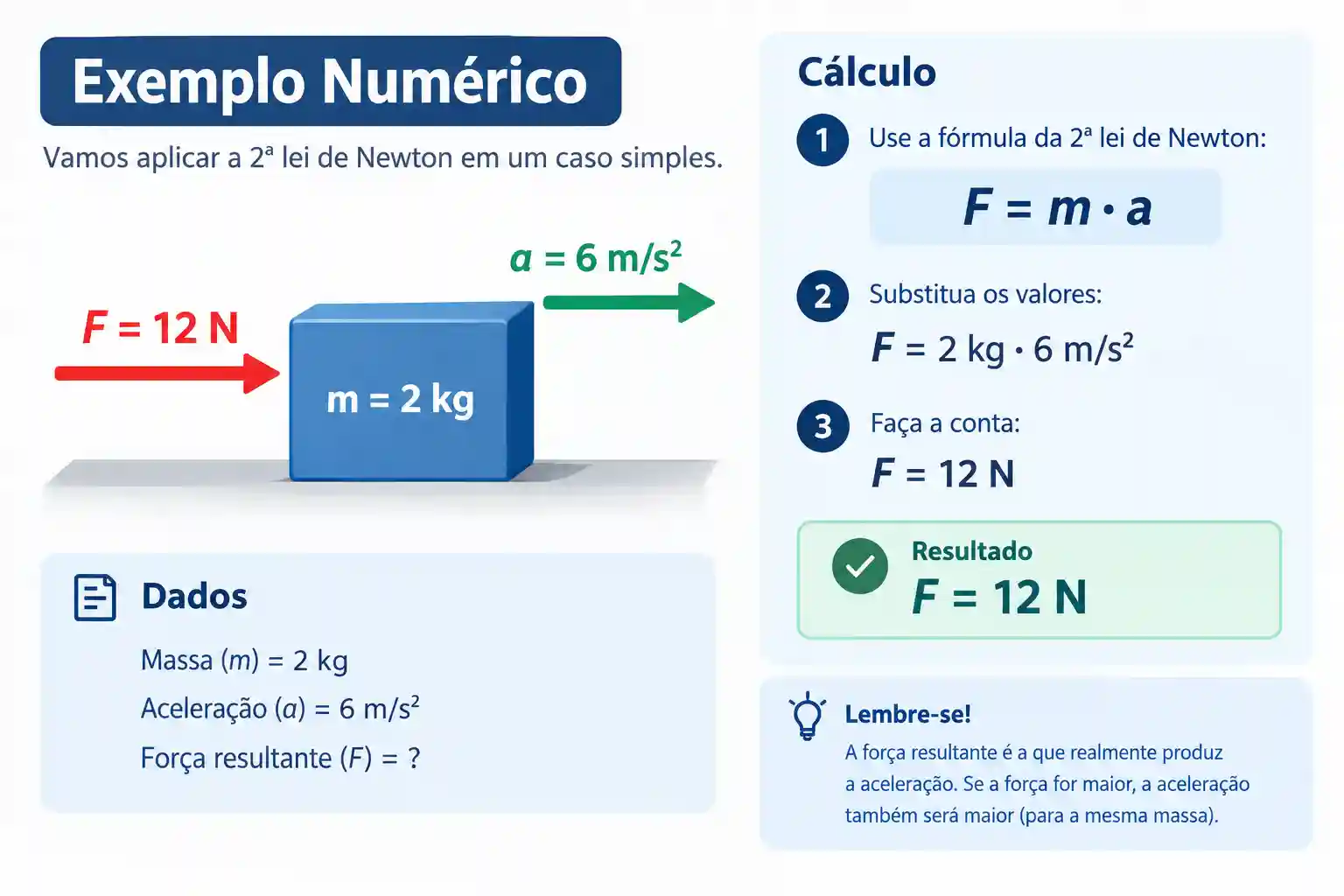 Exemplo da segunda lei de Newton com massa de 2 kg e aceleração de 6 m/s²
