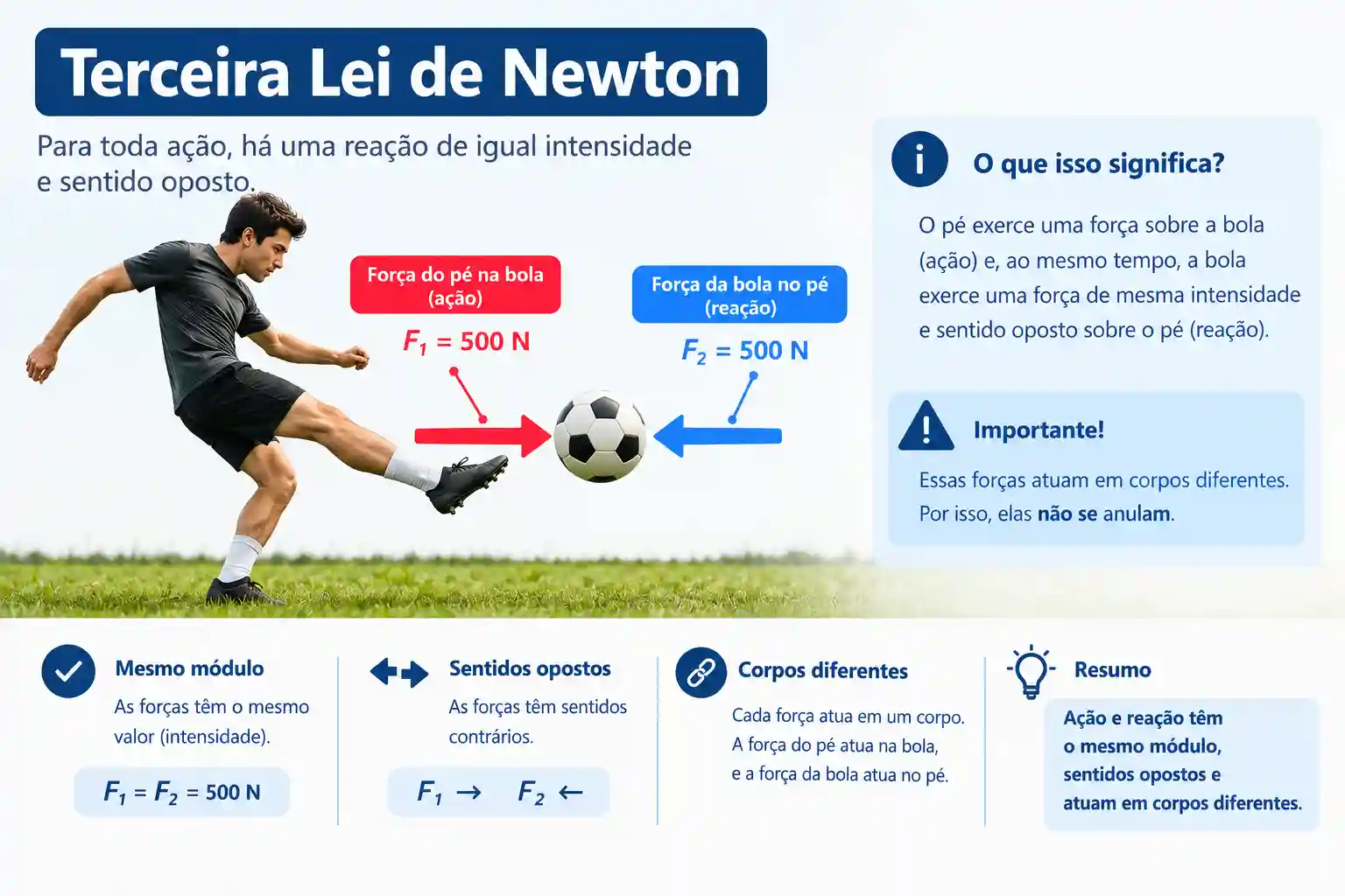 Terceira lei de Newton mostrando as forças de ação e reação ao chutar uma bola