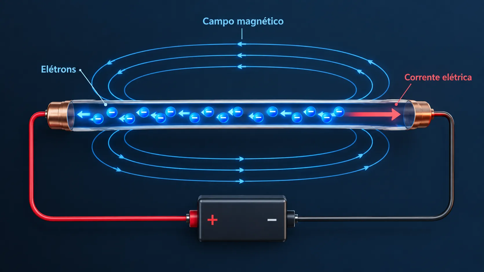 Representação microscópica do movimento de elétrons em um fio condutor